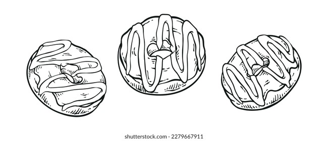 Donut bakery Illustration with all view point hand drawn illustration vector tasty food drawing