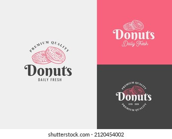 Donut Bakery shop Hand Draw Logo Template with Premium Vintage Typography. Stylish Vintage Vector Emblem Concept.