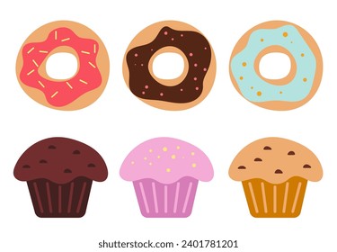 Panadería Donut dulces pastelería concepto de conjunto aislado. Ilustración gráfica del diseño del vector