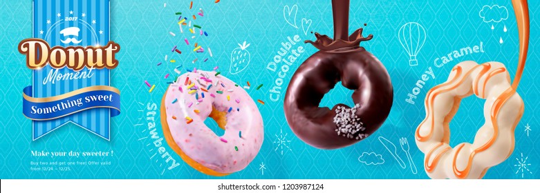 Donut banner ads with different flavours in 3d illustration