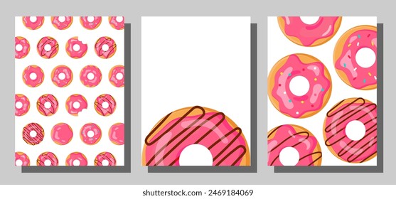 Donut banner set. Donut cards set. Cute Pink Frosted and Sprinkled Donut Posters. Birthday Greeting Cards, Coupons, Brochures, Bakery Advertising Banners. Copy Space. Colorful Vector illustration