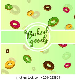 Plantilla de banner Donut, tarjeta, diseño de afiches con postres dulces y sabrosos e iluminación vectorial de patrón sin inconvenientes