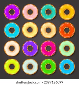 Donut, begel with cream. Cookies,cookie cake set. Sweet dessert with sugar and caramel. Tasty breakfast cooking. Cafateria food, snack. Coffee shop.Vector illustration.