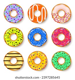 Donut, begel with cream. Cookies,cookie cake set. Sweet dessert with sugar and caramel. Tasty breakfast cooking. Cafateria food, snack. Coffee shop.Vector illustration.