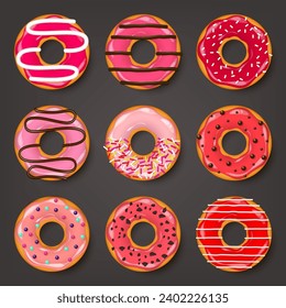 Donut, begel with cream. Cookies,cookie cake set. Sweet dessert with sugar and caramel. Tasty breakfast cooking. Cafateria food, snack. Coffee shop.Vector illustration.