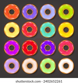 Donut, begel with cream. Cookies,cookie cake set. Sweet dessert with sugar and caramel. Tasty breakfast cooking. Cafateria food, snack. Coffee shop.Vector illustration.