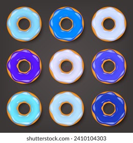 Donut, begel with cream. Cookies,cookie cake set. Sweet dessert with sugar and caramel. Tasty breakfast cooking. Cafateria food, snack. Coffee shop.Vector illustration.