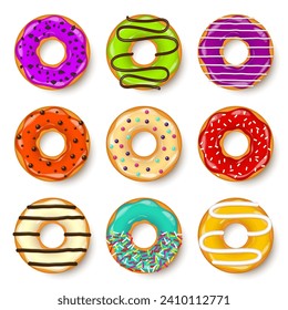 Donut, begel with cream. Cookies,cookie cake set. Sweet dessert with sugar and caramel. Tasty breakfast cooking. Cafateria food, snack. Coffee shop.Vector illustration.