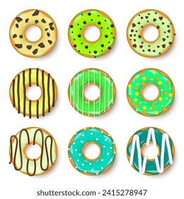 Donut, begel with cream. Cookies,cookie cake set. Sweet dessert with sugar and caramel. Tasty breakfast cooking. Cafateria food, snack. Coffee shop.Vector illustration.