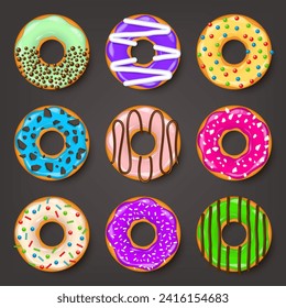 Donut, begel with cream. Cookies,cookie cake set. Sweet dessert with sugar and caramel. Tasty breakfast cooking. Cafateria food, snack. Coffee shop.Vector illustration.