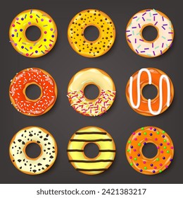 Donut, begel with cream. Cookies,cookie cake set. Sweet dessert with sugar and caramel. Tasty breakfast cooking. Cafateria food, snack. Coffee shop.Vector illustration.