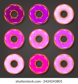 Donut, begel with cream. Cookies,cookie cake set. Sweet dessert with sugar and caramel. Tasty breakfast cooking. Cafateria food, snack. Coffee shop.Vector illustration.