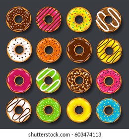 Donut, begel with cream. Cookies,cookie cake set. Sweet dessert. with sugar,caramel. Tasty breakfast. Cooking. Cafateria food, snack. Coffee shop.Vector illustration.