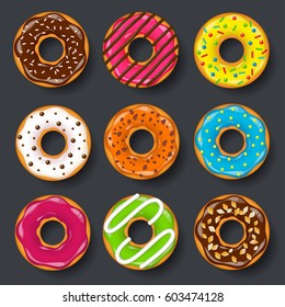 Donut, begel with cream. Cookies,cookie cake set. Sweet dessert. with sugar,caramel. Tasty breakfast. Cooking. Cafateria food, snack. Coffee shop.Vector illustration.