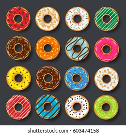 Donut, begel with cream. Cookies,cookie cake set. Sweet dessert. with sugar,caramel. Tasty breakfast. Cooking. Cafateria food, snack. Coffee shop.Vector illustration.