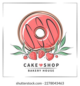 Donut and berries. Cake shop logo. Vector illustration for logo, menu, recipe book, baking shop, cafe, restaurant.