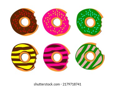 Donut bite. Set of 6 Donut with a mouth bite vector illustration.