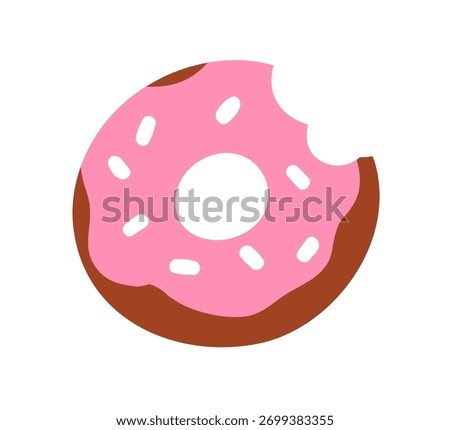 Donut with bite. Sweet doughnut coated with icing, frosting and sugar sprinkles. Round circle bakery food, delicious dessert, glazed pastry treat. Flat vector illustration isolated on white background