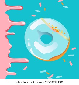 Donut with blue glaze. Beautiful background with tasty dessert.