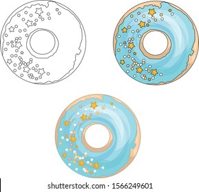 Donut with blue glaze and star sprinkles set. Vector illustration three different ways. Coloring paper, page, book