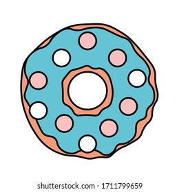 
Donut with blue icing and balls of white and pink chocolate. Icon, vector illustration in a flat style.