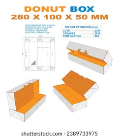 Donut box 280 x 100 x 50 mm. 2D Technical Drawing: Real illustrations (File Eps scale 1:1) equipped die cut estimates prepared for production. 3D Box: illustration only.