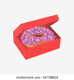 Donut in box isolated on white background. Flat vector stock illustration