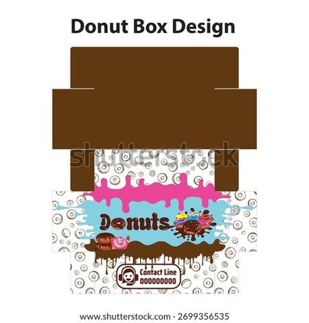 Donut box template with cartoon donuts, colorful drips, and contact information. The design features a donut pattern and a playful, inviting aesthetic.