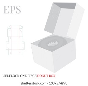 Donut Box Template, Vector with die cut, laser cut layers. Delivery Box, Single Piece Cake Box, Donut, Self Lock, Cut.  White, clear, blank, isolated Open Cake Box mock up on white background