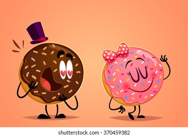 Donut Boy And Girl In Love. Cute Illustration 