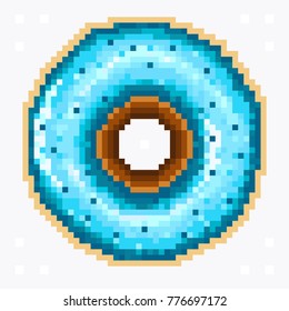 Donut with bright blue glaze. Pixel art on a light gray background.