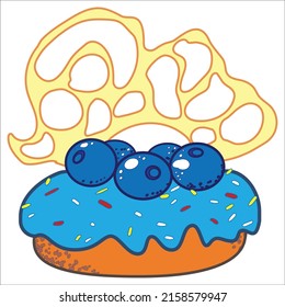 Donut cake with blue blueberry and blueberry icing and caramel decoration. Vector illustration