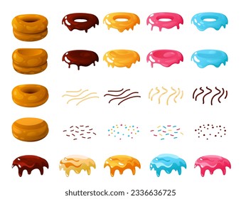 Donut cake kit. Cartoon bakery sweet doughnut types, colorful glazed pastry with toppings, tasty dessert bakery products. Vector isolated set of donut food, dessert bakery illustration