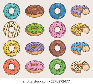 Donut cake set logotypes colorful with appetizing buns with fruit or chocolate glaze for festive breakfast vector illustration