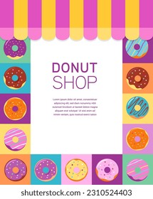 Donut and candy shop concept design. Colorful illustrated vector background.