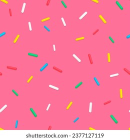 Donut candy sprinkles seamless pattern background of sweet glaze dessert, vector confetti. Pink cake or candy sprinkles pattern on ice cream, color sprinkles on cupcake donut for bakery background