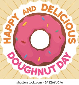 Donut with candy toppings -or jimmies- and strawberry glaze to celebrate a happy and delicious Doughnut Day.