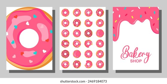 Juego de tarjetas de donut. Conjunto de folletos para pastelerías, pastelerías y panaderías, Anuncios. Anuncio con goteo de hielo y espolvorear. Letras. Confitería, donuts, publicidad de cafetería