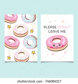Donut cards set on texture background. Cartoon donut on a white background with stars. Postcards with a cute phrase. Template design for cards, poster or invitation.