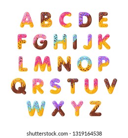 Donut cartoon alphabet vector set. Biscuit bold font style. Glazed capital letters with icing. Tempting flat design typography. Cookies, waffle, chocolate letters. Pastry, bakery isolated clipart pack