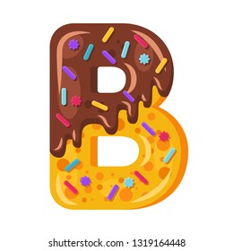 Donut cartoon B letter vector illustration. Biscuit bold font style. Glazed capital letter with icing. Tempting flat design typography. Cookie, chocolate alphabet. Pastry, bakery isolated clipart