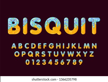 Donut cartoon biscuit bold font style. Glazed capital letters, alphabet and numbers. Tempting flat design typography. Cookies letters. Maroon background. Pastry, bakery isolated vector clipart