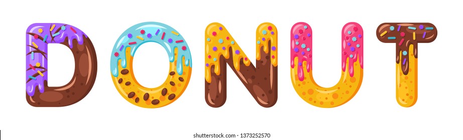 Donut cartoon biscuit bold font style. Glazed capital letters. Tempting flat design typography. Cookies, chocolate letters. White background. Pastry, bakery, waffle isolated vector clipart