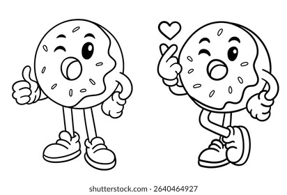Donut cartoon, black and white line drawing illustration, symbol, small heart and like icon, vector file.