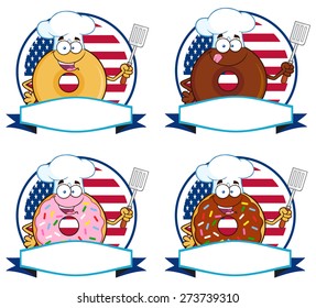  Donut Cartoon Character Circle Label 6. Vector Collection Set Isolated On White