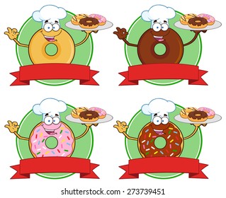  Donut Cartoon Character Circle Label 4. Vector Collection Set Isolated On White