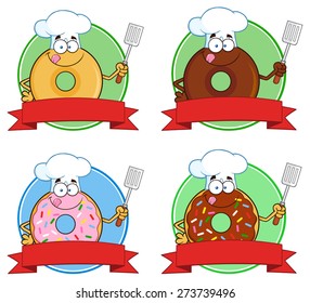  Donut Cartoon Character Circle Label 5. Vector Collection Set Isolated On White