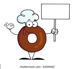 Donut Cartoon Character Holding A Blank Sign