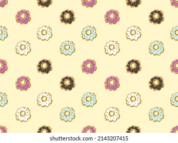 Donut cartoon character seamless pattern on yellow background.Pixel style
