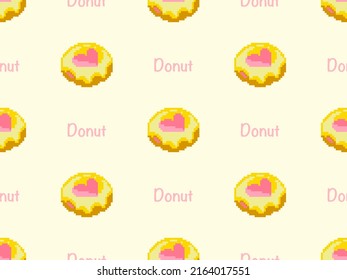 Donut cartoon character seamless pattern on yellow background. Pixel style.
